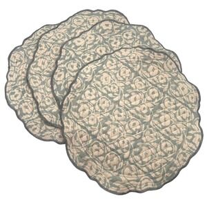 Magnolia Table Quilted Round Placemats Set 4 Floral Damask Scalloped Grey Sage